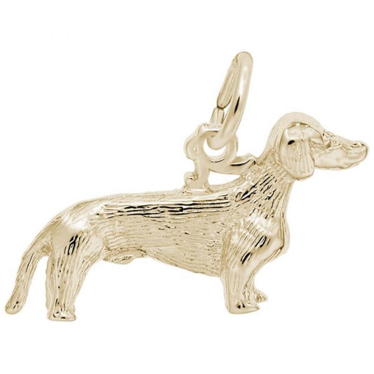 The Rembrandt Charms Dachshund Dog Charm in gold-plated sterling silver features a detailed depiction of this adored pet, highlighting its long body, short legs, and floppy ears. It is complete with a spring ring clasp at the top for easy attachment.