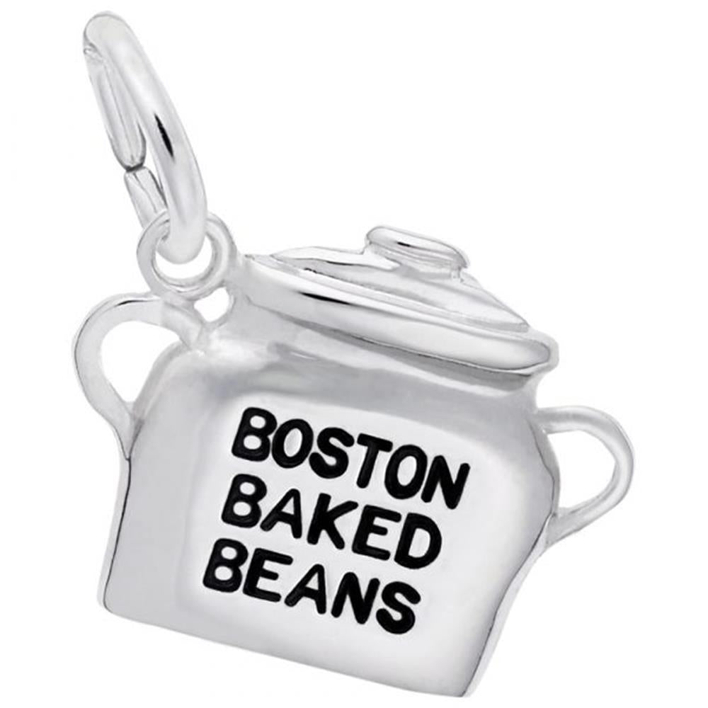 The Boston Baked Beans Charm in Sterling Silver by Rembrandt Charms features a traditional cooking pot design, complete with two handles and a lid. The text "Boston Baked Beans" is prominently displayed in bold black letters on the front, celebrating the classic delicacy.