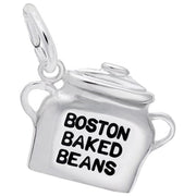 The Boston Baked Beans Charm in Sterling Silver by Rembrandt Charms features a traditional cooking pot design, complete with two handles and a lid. The text "Boston Baked Beans" is prominently displayed in bold black letters on the front, celebrating the classic delicacy.
