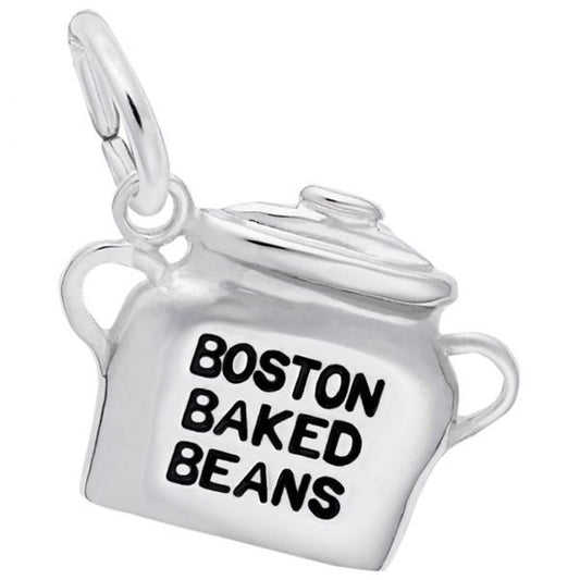 The Boston Baked Beans Charm in Sterling Silver by Rembrandt Charms features a traditional cooking pot design, complete with two handles and a lid. The text "Boston Baked Beans" is prominently displayed in bold black letters on the front, celebrating the classic delicacy.