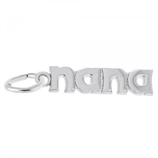The Rembrandt Charms' Nana Charm in sterling silver features "nana" written in lowercase letters. This charming pendant includes an attached loop, perfect for threading onto a necklace or bracelet.