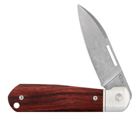 The W.R. Case & Sons Cutlery Co. Revoindie clear anodized aluminum rosewood folding pocket knife features a single, partially open stainless steel blade with a thumb slot for easy opening. Its handle has a reddish-brown rosewood finish and includes a small hole near the end for added utility.