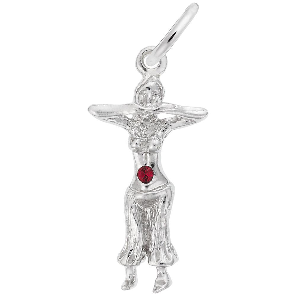 The Rembrandt Charms Belly Dancer with Stone Charm in Sterling Silver is designed to resemble a belly dancer with raised arms. It showcases intricate detailing on the dancer's outfit, capturing the essence of Middle Eastern dance attire, and features a small red stone at the dancer’s midsection. The charm includes a loop for easy attachment to a bracelet or necklace.