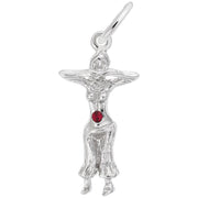The Rembrandt Charms Belly Dancer with Stone Charm in Sterling Silver is designed to resemble a belly dancer with raised arms. It showcases intricate detailing on the dancer's outfit, capturing the essence of Middle Eastern dance attire, and features a small red stone at the dancer’s midsection. The charm includes a loop for easy attachment to a bracelet or necklace.