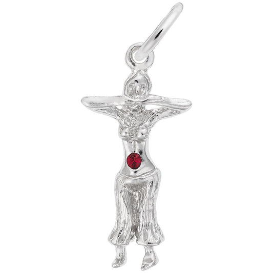 The Rembrandt Charms Belly Dancer with Stone Charm in Sterling Silver is designed to resemble a belly dancer with raised arms. It showcases intricate detailing on the dancer's outfit, capturing the essence of Middle Eastern dance attire, and features a small red stone at the dancer’s midsection. The charm includes a loop for easy attachment to a bracelet or necklace.