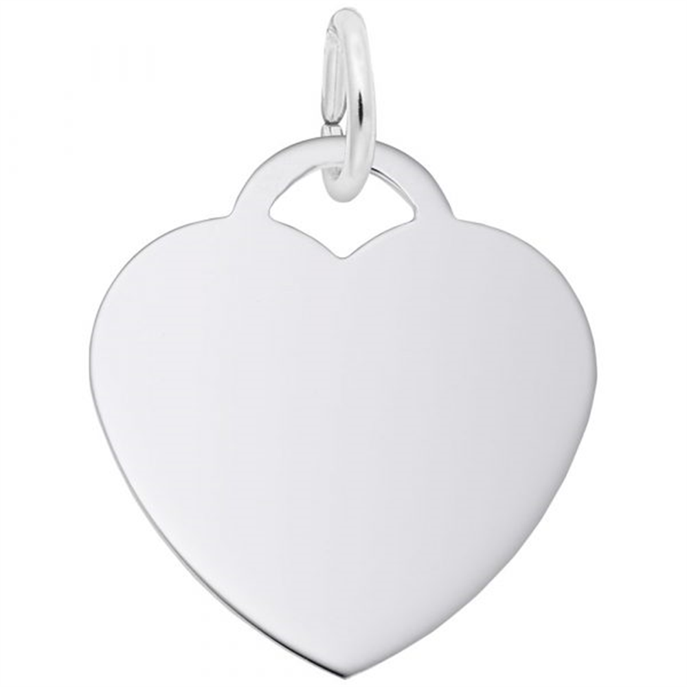 The Rembrandt Charms Medium Heart Charm from the Classic Series is a sterling silver pendant featuring a polished, plain design with a small loop at the top, ideal for creating personalized jewelry or using as an engravable charm on a chain or bracelet.