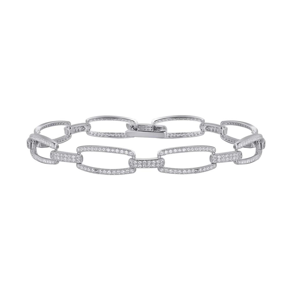 The Sterling Silver Elegant Halo Link Bracelet by Lafonn showcases a modern and elegant design, featuring a series of interlocking, elongated oval-shaped links adorned with small, sparkling gemstones. The seamlessly integrated clasp enhances its sleek appearance.