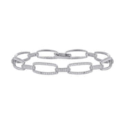 The Sterling Silver Elegant Halo Link Bracelet by Lafonn showcases a modern and elegant design, featuring a series of interlocking, elongated oval-shaped links adorned with small, sparkling gemstones. The seamlessly integrated clasp enhances its sleek appearance.
