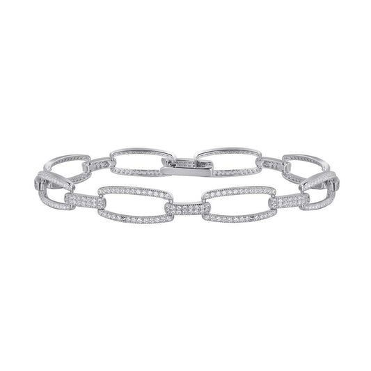 The Sterling Silver Elegant Halo Link Bracelet by Lafonn showcases a modern and elegant design, featuring a series of interlocking, elongated oval-shaped links adorned with small, sparkling gemstones. The seamlessly integrated clasp enhances its sleek appearance.