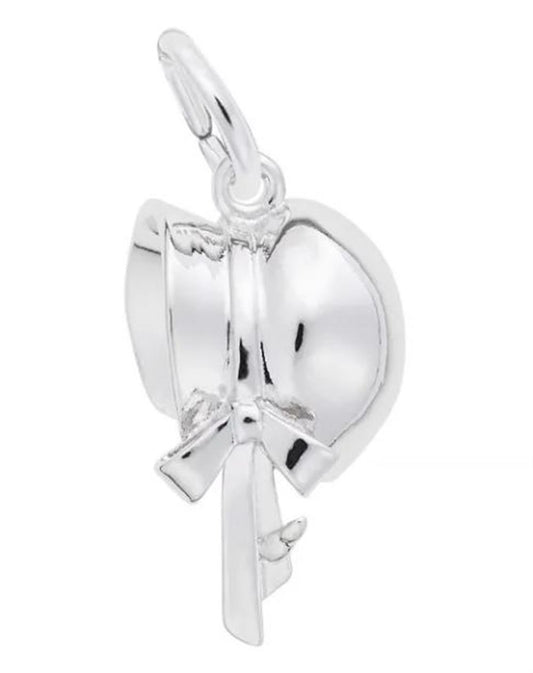 The Rembrandt Charms Colonial Bonnet Charm in Sterling Silver showcases a detailed bonnet with a ribbon bow, complete with a small loop at the top that makes it ideal for adding elegance to any chain or bracelet.