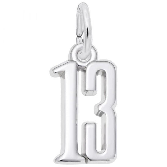 The Number 13 Charm by Rembrandt Charms is a sleek, polished sterling silver pendant shaped like the number "13", featuring a convenient loop at the top for easy attachment to a necklace or bracelet.