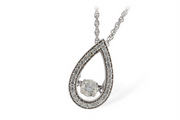 The Heartbeat Diamond 14K White Gold Necklace by Allison Kaufman showcases a teardrop design with a central diamond that dances, surrounded by smaller diamonds. This exquisite pendant gracefully dangles from a delicate chain, set against a plain white background.