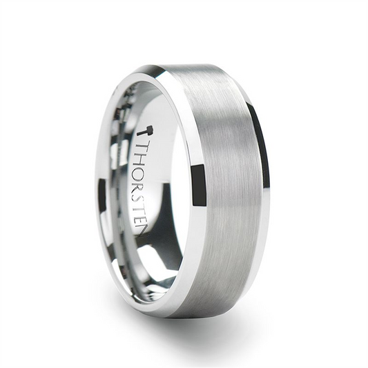 The SHEFFIELD Flat Beveled Edges Tungsten Ring, designed for men, features a brushed metal center band complemented by smooth, shiny edges. This 6mm wide ring is marked with the brand name "Thorsten" on the inner band, showcasing exquisite craftsmanship.