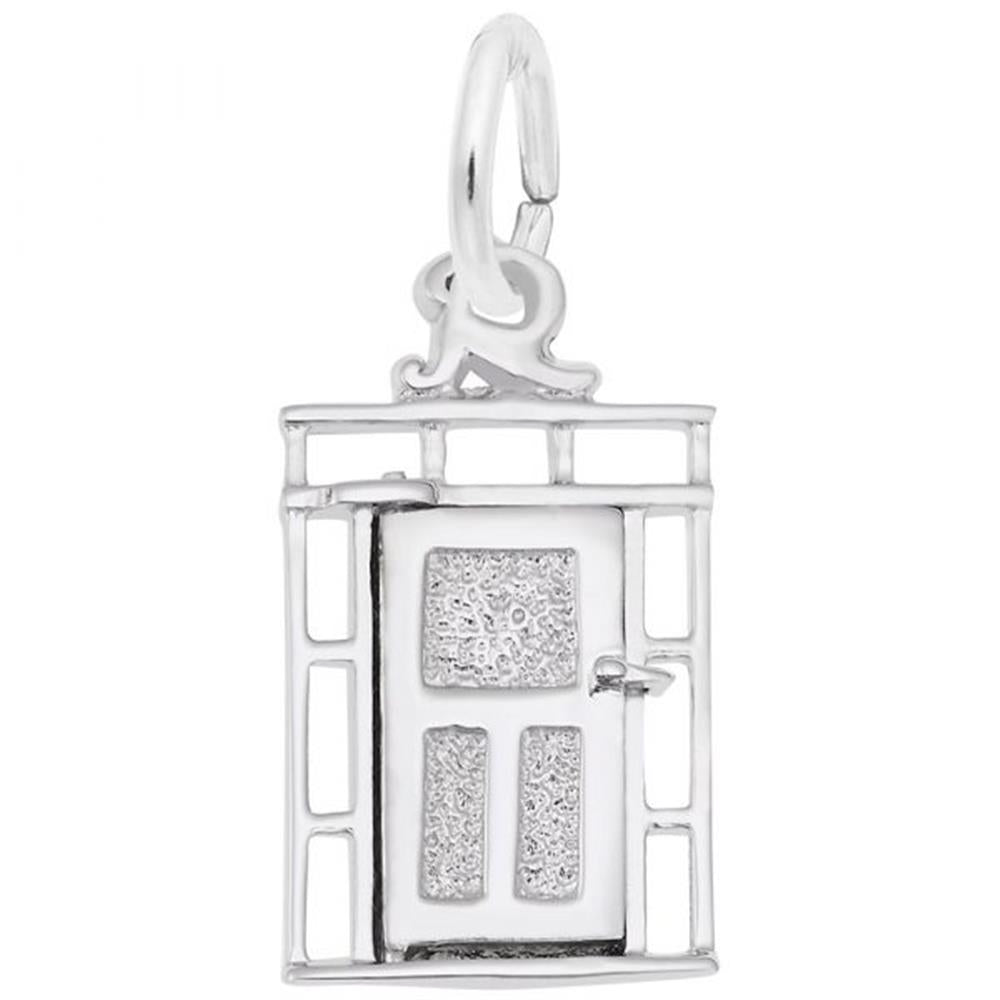 The Rembrandt Charms Door Charm in sterling silver features a door-shaped design with a textured surface, a small doorknob, and an elegant surrounding frame. With a loop at the top for attaching to a chain or bracelet, this enchanting charm makes a perfect addition to any jewelry collection.