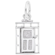 The Rembrandt Charms Door Charm in sterling silver features a door-shaped design with a textured surface, a small doorknob, and an elegant surrounding frame. With a loop at the top for attaching to a chain or bracelet, this enchanting charm makes a perfect addition to any jewelry collection.