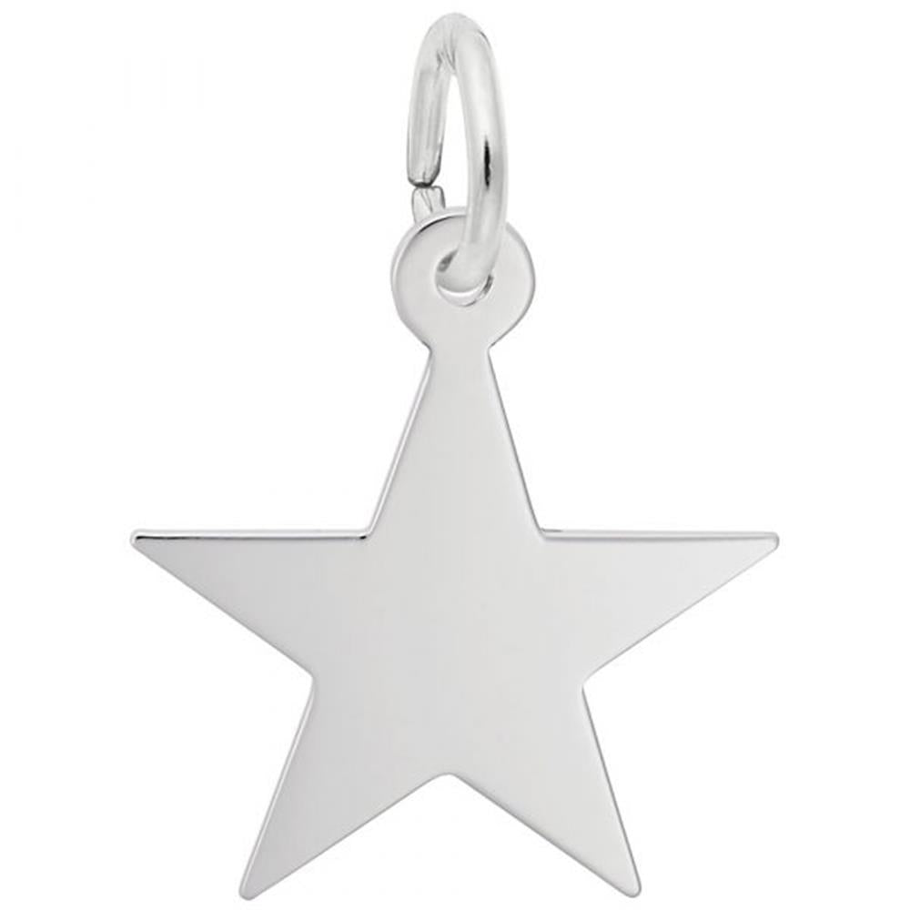 This Rembrandt Charms Star Charm in sterling silver features a sleek and polished design with a small loop at the top for easy attachment. Its reflective surface gives it a shiny appearance, and the slightly larger loop allows for effortless connection to a chain or bracelet.