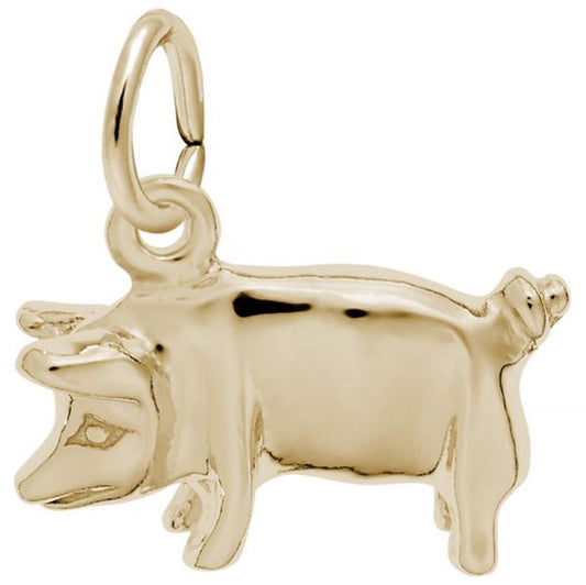 A detailed image of the Sterling Silver Pig Charm by Rembrandt Charms. This charm features an intricately detailed pig, measuring 0.66 inches by 0.38 inches (16.86 mm by 9.63 mm). The charm has a polished sterling silver finish, perfect for adding a touch of whimsy and joy to any charm bracelet or necklace. Style number 0604.