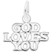 The Rembrandt Charms "God Loves You" Charm in sterling silver features bold, interconnected letters spelling out "GOD LOVES YOU" in a playful yet elegant font. It includes a loop at the top for easy attachment to a necklace or bracelet.