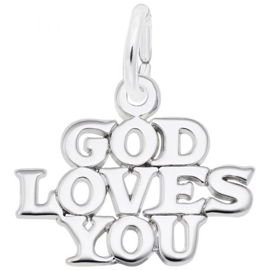 The Rembrandt Charms "God Loves You" Charm in sterling silver features bold, interconnected letters spelling out "GOD LOVES YOU" in a playful yet elegant font. It includes a loop at the top for easy attachment to a necklace or bracelet.