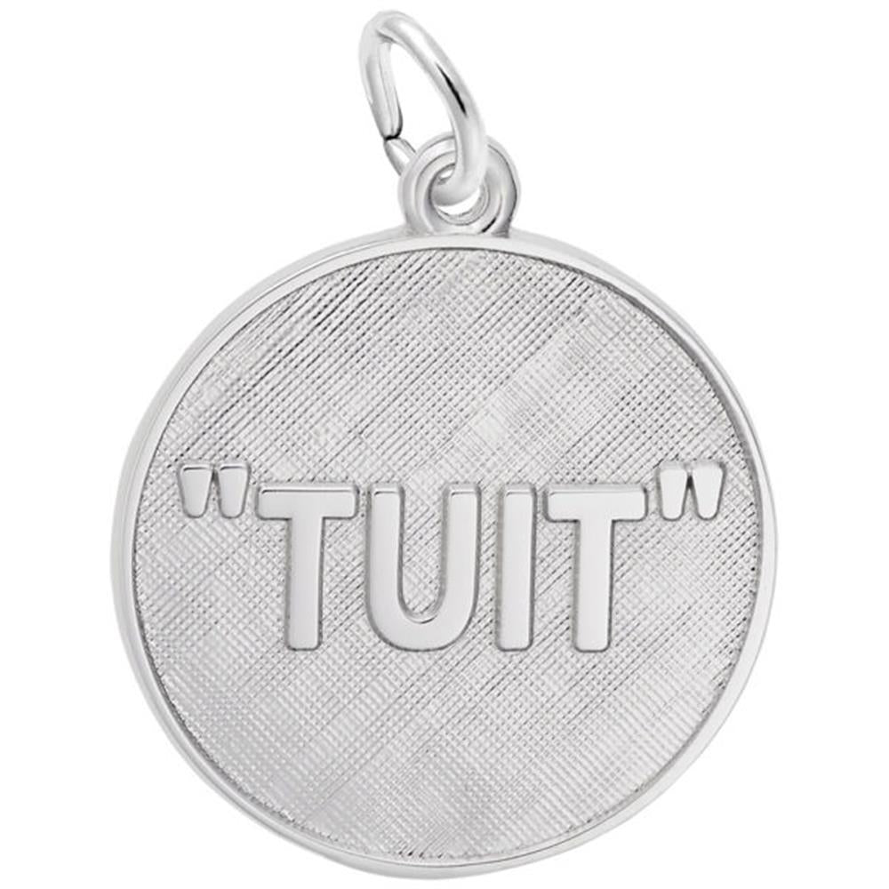 The Tuit Disc Charm - Sterling Silver Charm by Rembrandt Charms is a round pendant with a textured surface, engraved with the word "TUIT" in capital letters. It features a small loop at the top for easy attachment to a chain or keyring.