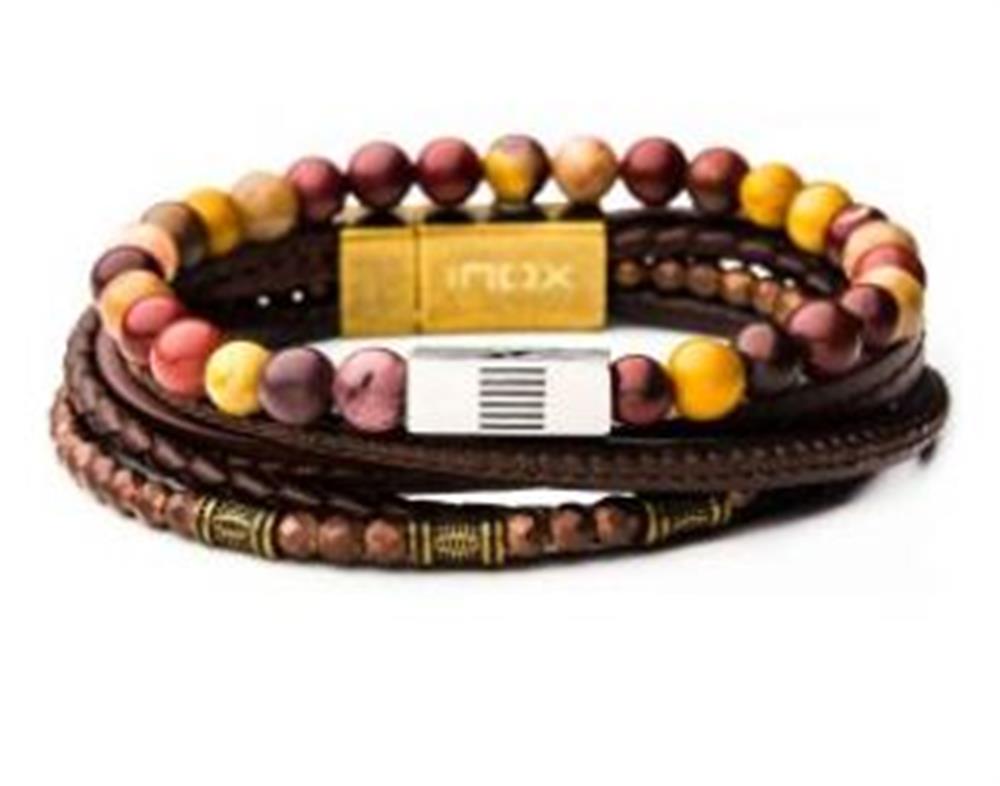 The Gemstone and Leather Stackable Bracelet from INOX features a set of men's bracelets that include two beaded bracelets with red, brown, and yellow Mookaite gemstones, as well as three multi-layered leather bracelets with metal accents and gold and silver clasp closures.