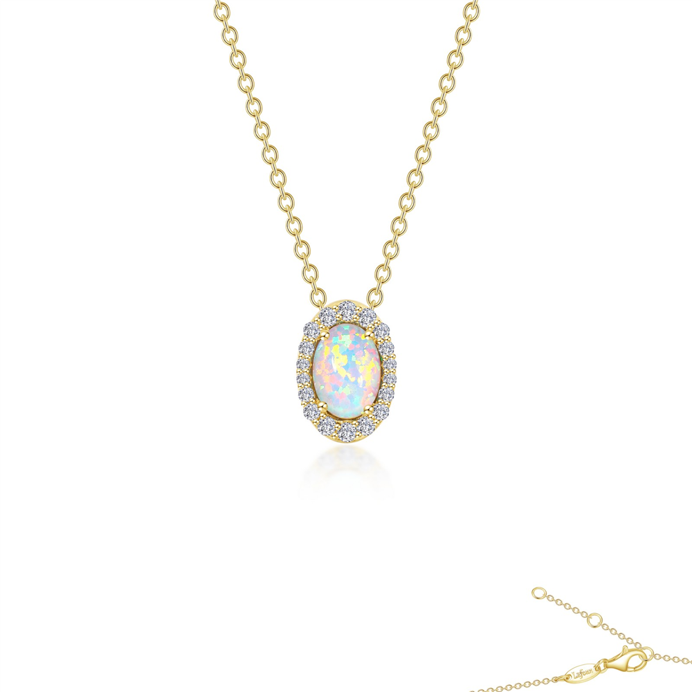 The PD CL/SIMULATED OPAL S.S. GP 0.97 CTW OPAL HALO NK '18 by Lafonn showcases an elegant and delicate gold-chain halo necklace with an oval simulated opal pendant surrounded by a halo of sparkling diamonds, accentuating the opal's iridescent colors. The clasp and additional chain length add to its exquisite design.
