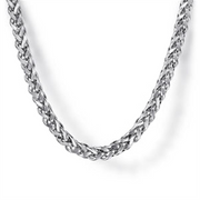 A detailed image of the Gabriel & Co Sterling Silver Men's Wheat Chain Necklace, 22", showcases its twisted, rope-like design with intricate interlocking links. The jewelry piece from the Classic Collection is set against a plain white background.