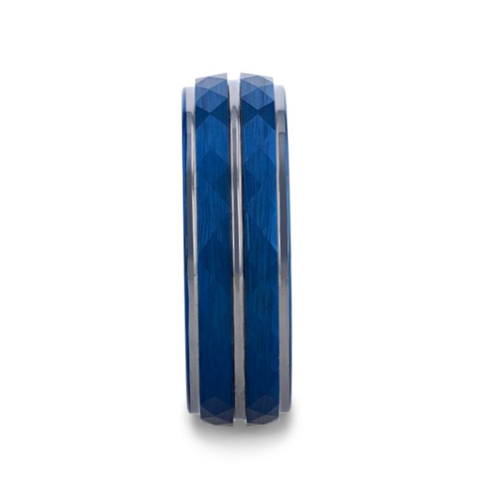 Presenting the CARMEL Blue Ion Plated Tungsten Carbide Men's Ring from Thorsten. This 8mm sleek ring showcases a faceted design with two polished silver edges. Made of tungsten carbide and enhanced with a blue ion-plated finish, it perfectly blends durability with contemporary style.
