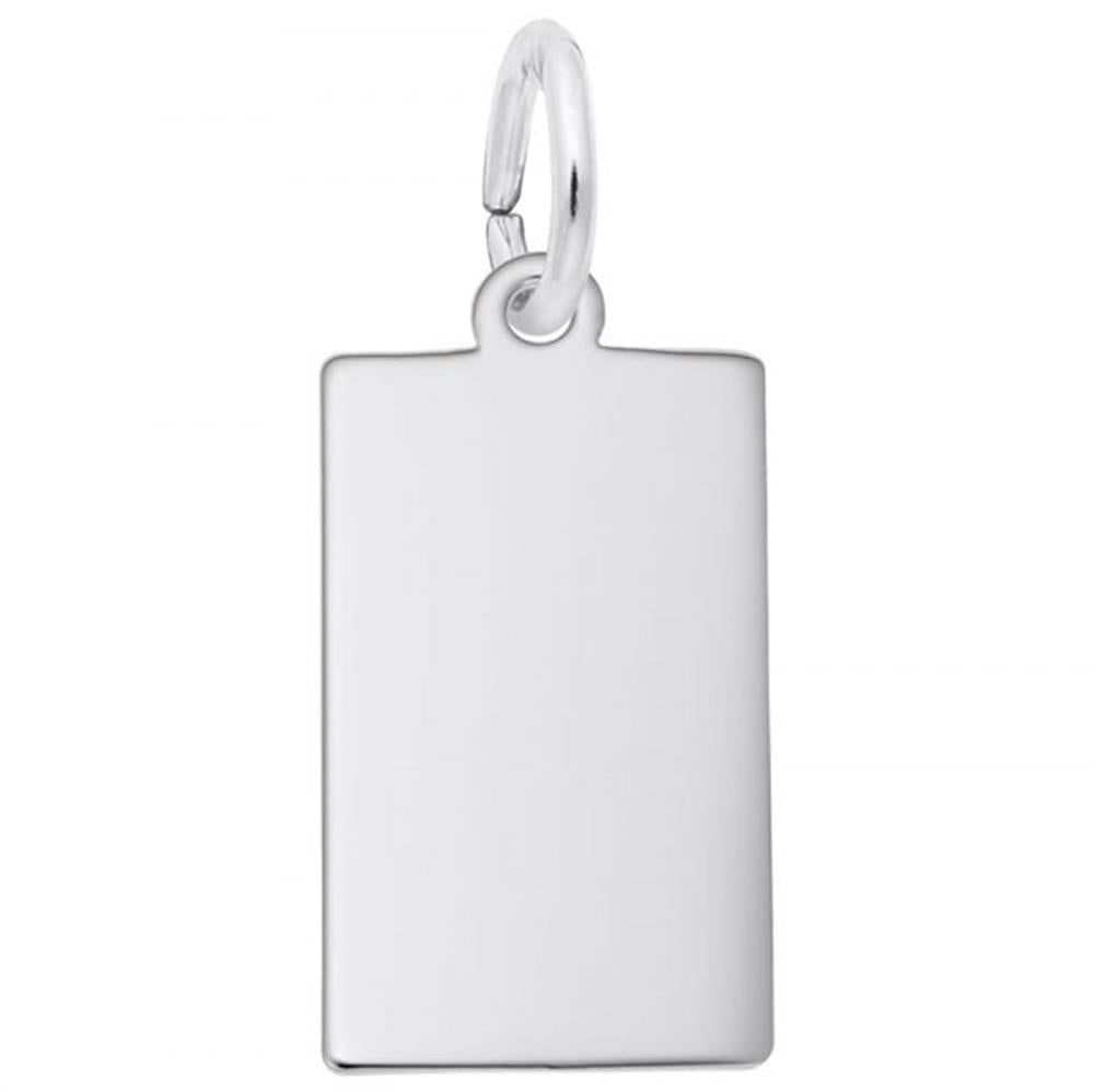 The Engravable Dog Tag Charm / Sterling Silver by Rembrandt Charms is a rectangular keychain with smooth edges. At the top, it has a small circular hole through which a shiny silver ring is looped. This elegant piece offers a simple and sleek aesthetic, perfect as both a keychain and a dog tag charm.