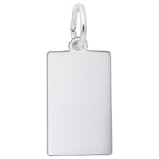 The Engravable Dog Tag Charm / Sterling Silver by Rembrandt Charms is a rectangular keychain with smooth edges. At the top, it has a small circular hole through which a shiny silver ring is looped. This elegant piece offers a simple and sleek aesthetic, perfect as both a keychain and a dog tag charm.