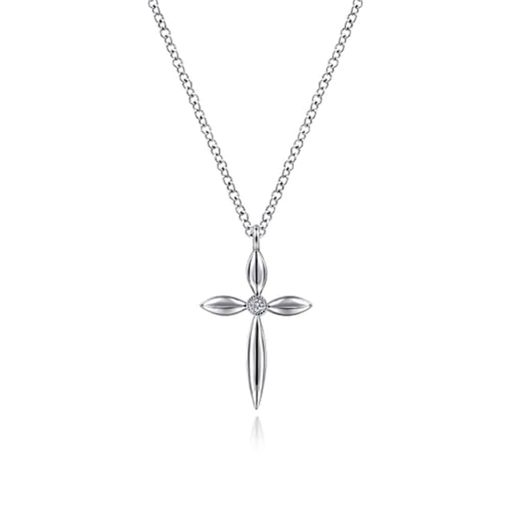 Gabriel & Co’s Sterling Silver Cross Necklace is crafted from .925 sterling silver, adorned with a central gemstone. Its design features elongated, leaf-like shapes forming the cross, showcasing elegance in faith jewelry on a pristine white background.