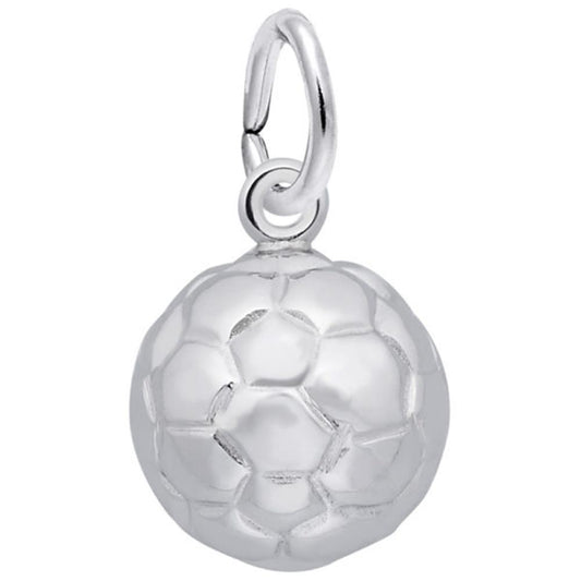 The Rembrandt Charms collection features the Soccer Ball Charm in sterling silver, showcasing intricate pentagonal and hexagonal patterns. This charm includes a small loop at the top for easy attachment to a necklace, bracelet, or other accessory.
