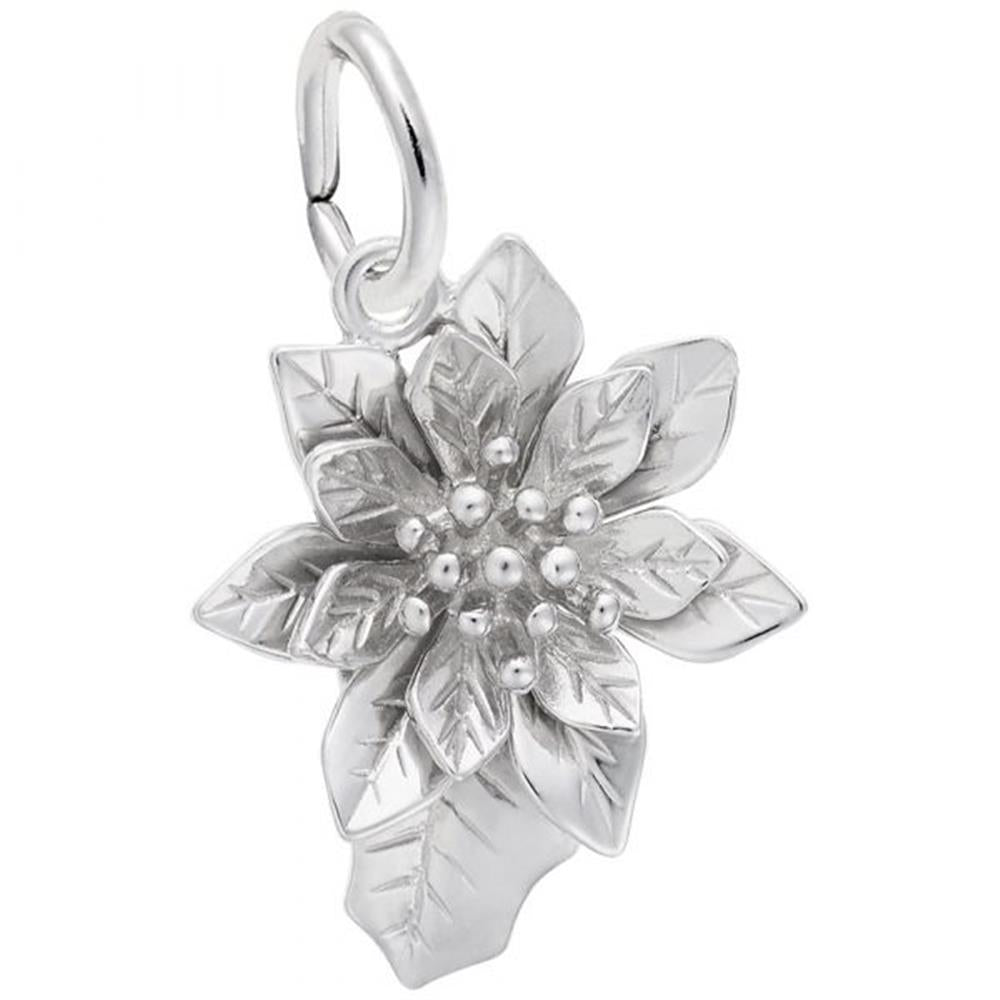 The Rembrandt Charms Poinsettia Charm is crafted from sterling silver and features a poinsettia flower design with detailed petals and small, raised dots at the center mimicking seeds. The shiny charm has a polished finish and is attached to a round loop at the top for easy hanging or wearing on a necklace.
