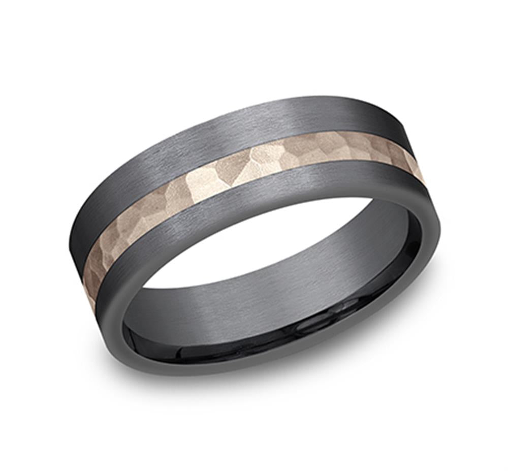 Introducing the Smooth and Slight Textured Band from Benchmark Rings, a sophisticated men's wedding band made with sleek black titanium and featuring a central band of 14K rose gold. Known as the AMARRA STONE, this ring combines modern elegance with an industrial edge through its blend of matte surfaces and intricate textures.