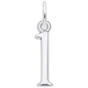 The Rembrandt Charms Number 1 Charm is a sleek, polished sterling silver pendant shaped like the number 1. It features a small loop at the top for easy attachment to a necklace or bracelet and is showcased against a simple white background.