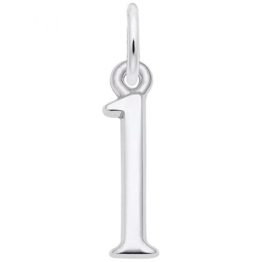 The Rembrandt Charms Number 1 Charm is a sleek, polished sterling silver pendant shaped like the number 1. It features a small loop at the top for easy attachment to a necklace or bracelet and is showcased against a simple white background.