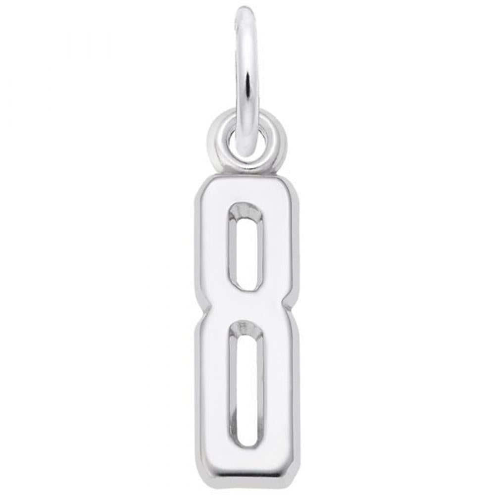 The Number 8 Charm by Rembrandt Charms is a sterling silver pendant, designed in the shape of the number eight, with a polished finish and a small circular loop at the top for attaching to a chain or bracelet.