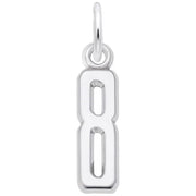 The Number 8 Charm by Rembrandt Charms is a sterling silver pendant, designed in the shape of the number eight, with a polished finish and a small circular loop at the top for attaching to a chain or bracelet.