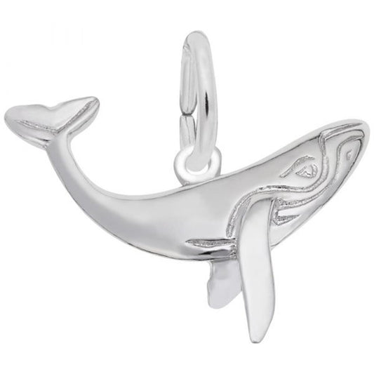 The Whale Charm by Rembrandt Charms is crafted from sterling silver and features a whale-shaped design with intricate detailing on its side. The charm showcases a whale in mid-swim, gracefully curving its body and fins, and has a loop at the top for easy attachment to bracelets or necklaces.