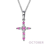 A silver cross-shaped pendant adorned with pink gemstones is suspended from a delicate silver necklace against a white background. The word "OCTOBER" is written in light purple at the bottom right corner of the image, highlighting the Lafonn October Birthstone Necklace cross.