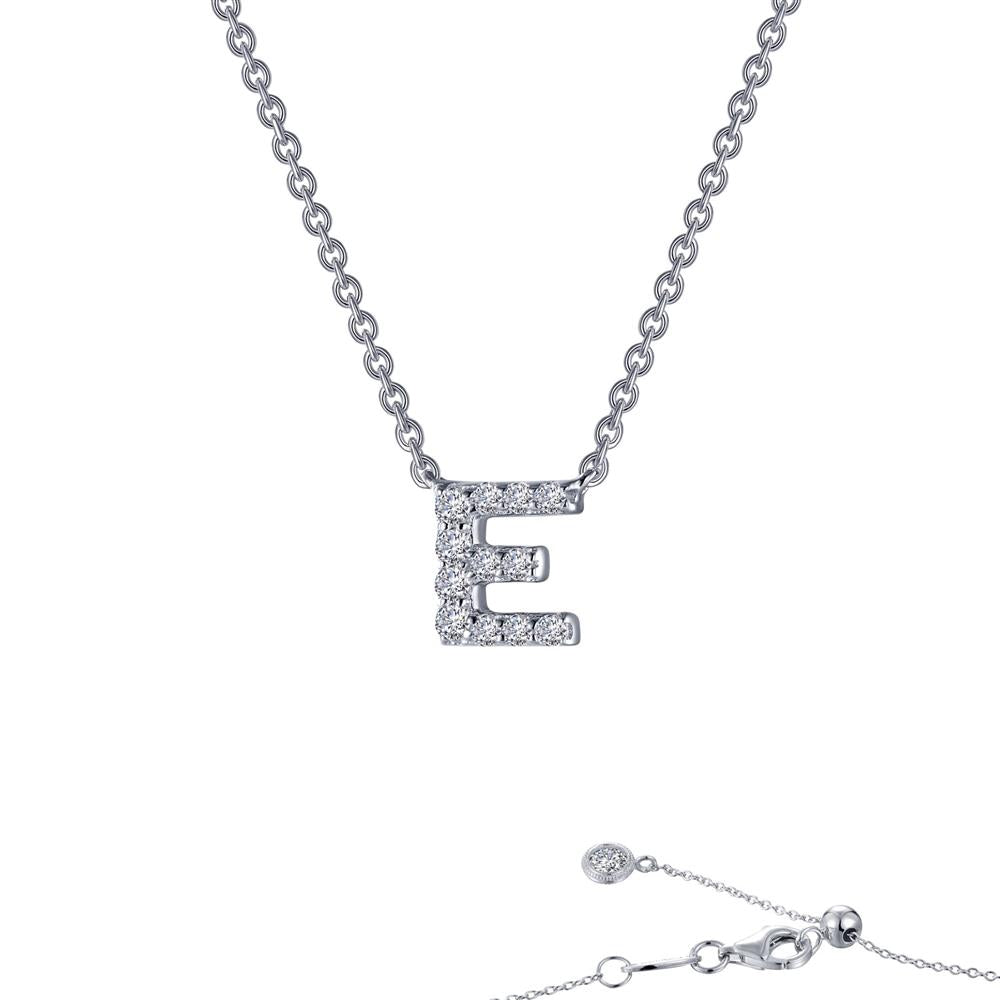The Lafonn Letter E Pendant Necklace showcases a sterling silver piece bonded with platinum, featuring a pendant shaped like the letter "E" encrusted with small gemstones. This adjustable designer necklace includes a clasp adorned with additional small decorative elements at the ends, all set against a white background.