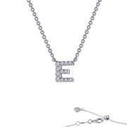 The Lafonn Letter E Pendant Necklace showcases a sterling silver piece bonded with platinum, featuring a pendant shaped like the letter "E" encrusted with small gemstones. This adjustable designer necklace includes a clasp adorned with additional small decorative elements at the ends, all set against a white background.