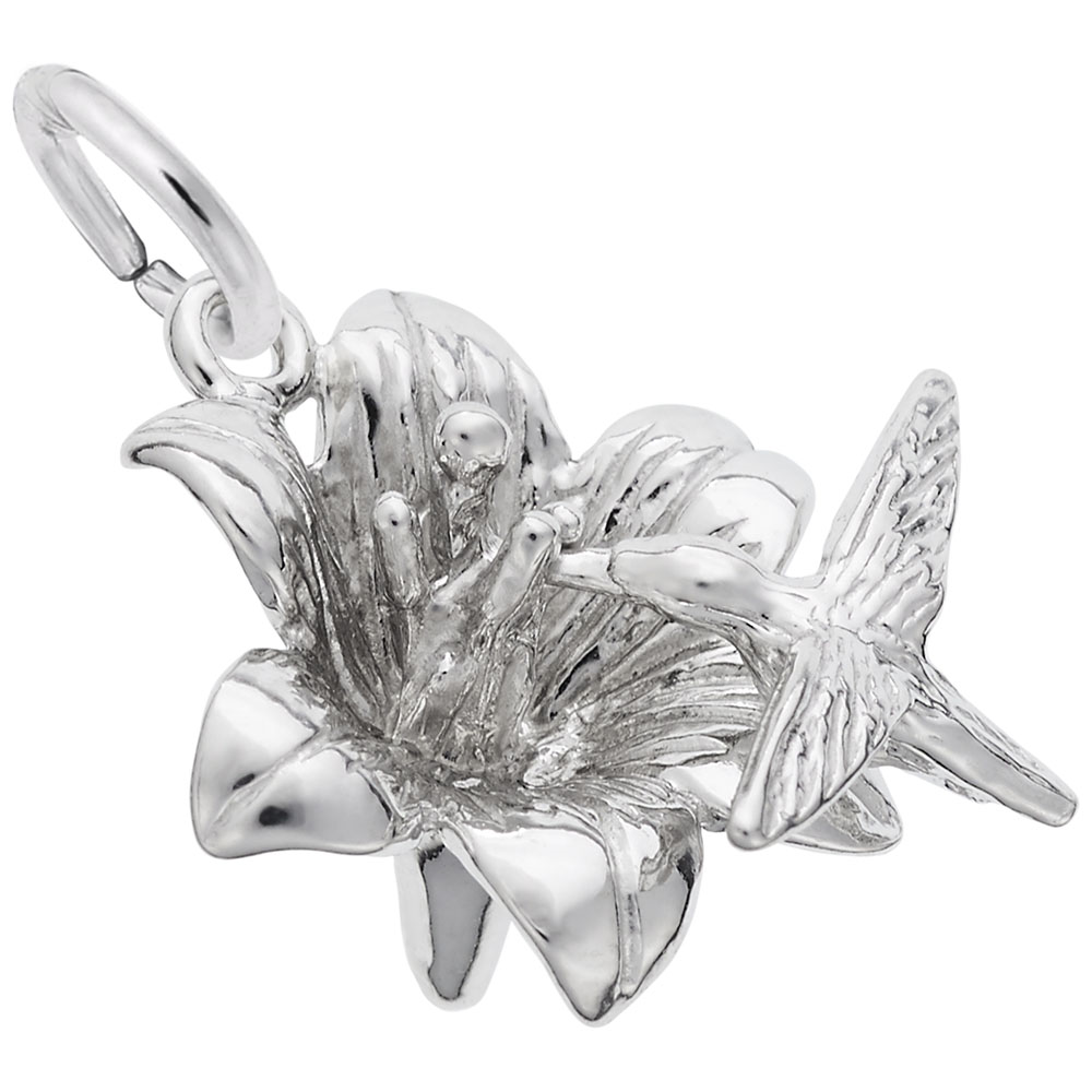 The Rembrandt Charms Hibiscus with Hummingbird Charm, crafted in sterling silver, features an intricately detailed hummingbird hovering with wings outstretched above a blooming hibiscus flower. This exquisite charm includes a loop for easy attachment to a necklace or bracelet.