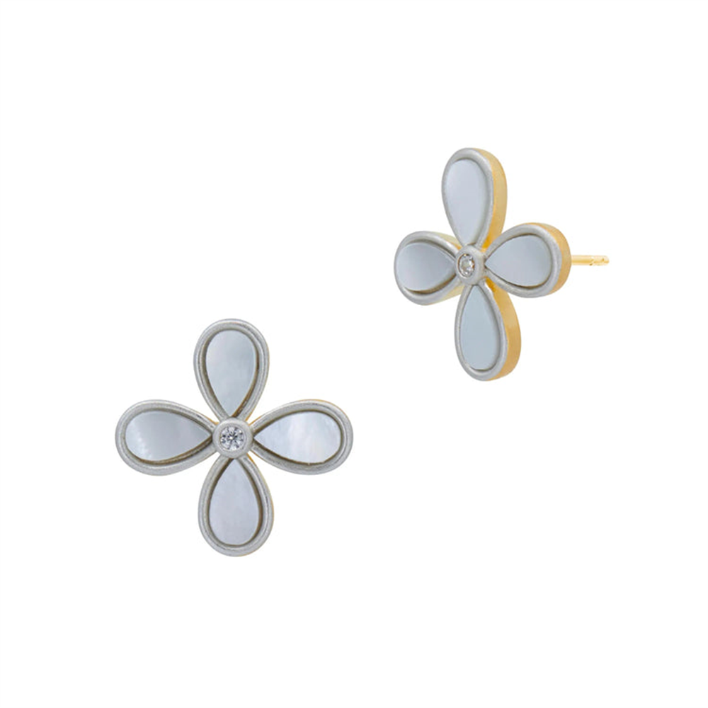 The Freida Rothman AHPYZMPE26 Blossoming Brilliance 4 Leaf Flower Studs feature gold four-petal shapes with white inlays and a central diamond, radiating elegant floral charm.