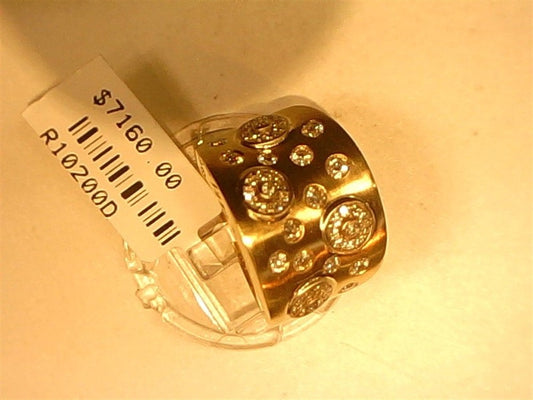 A Ryan Gems Thick Diamond Spotted Ring in 14k yellow gold, size 7, with multiple diamonds, is displayed on a clear stand. The price tag shows $7,160.00 and reference code R10200D.