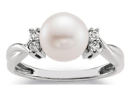 14K White Gold 8-8.5MM White Freshwater Pearl Ring with 4 Diamonds | Mastoloni
