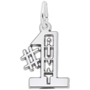 Introducing the Number 1 Aunt Charm by Rembrandt Charms: a sterling silver pendant designed in the shape of the number "1" with "AUNT" vertically engraved inside. Adorned with a delicate silver hashtag symbol on the left side, this charm makes an ideal gift for your Number 1 Aunt.