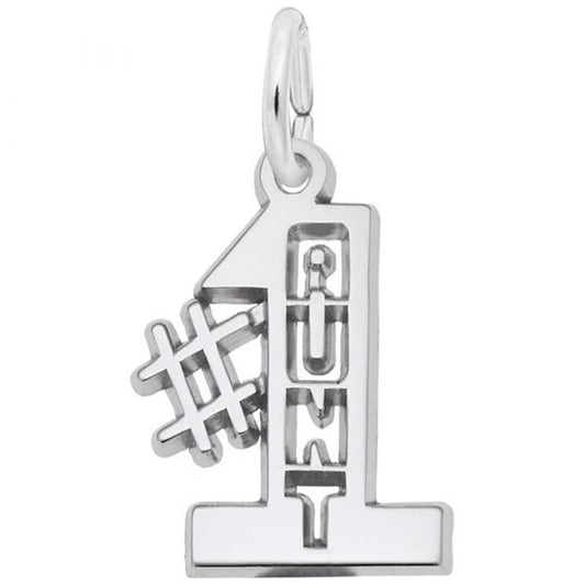 Introducing the Number 1 Aunt Charm by Rembrandt Charms: a sterling silver pendant designed in the shape of the number "1" with "AUNT" vertically engraved inside. Adorned with a delicate silver hashtag symbol on the left side, this charm makes an ideal gift for your Number 1 Aunt.