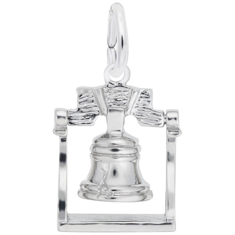 The Liberty Bell Charm by Rembrandt Charms features a detailed Sterling Silver representation of the historic bell, complete with intricate engravings that mimic its iconic crack and texture. The charm is encased in a rectangular frame and has a small loop at the top, perfect for attaching to a chain or bracelet.