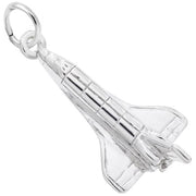 The Rembrandt Charms Shuttle Charm / Sterling Silver is a finely detailed miniature space shuttle featuring wings, windows, and engines. It includes a small loop for easy attachment to jewelry, making it an exquisite addition to any collection.